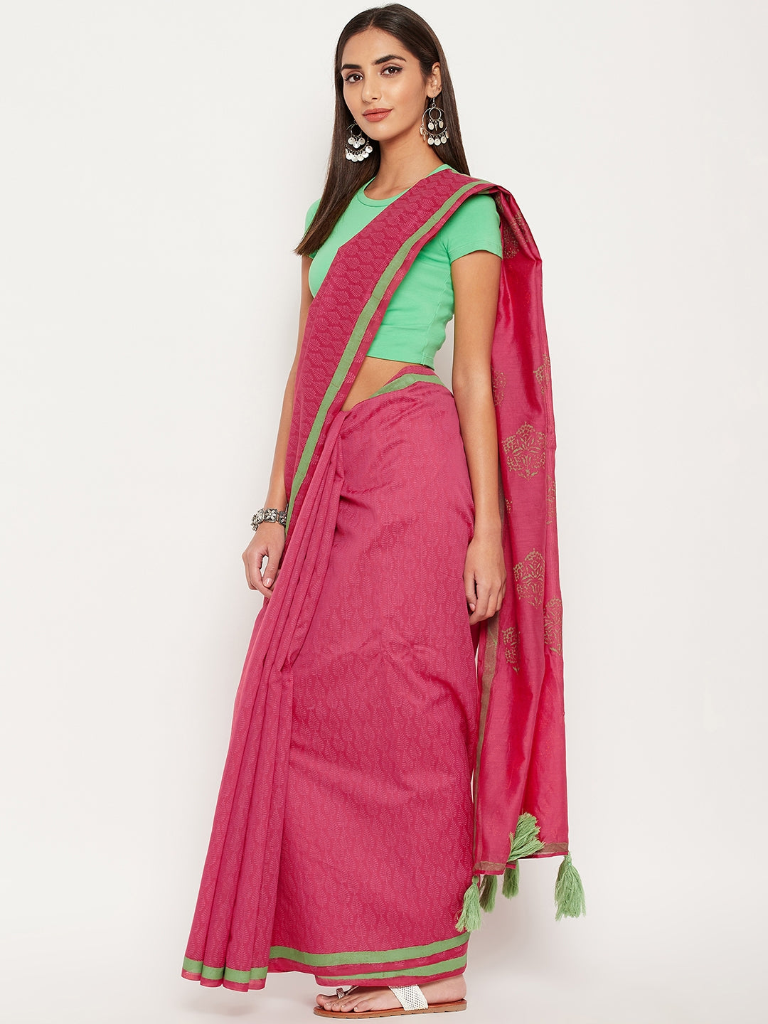 Pink hand block printed semi silk saree with mirror work