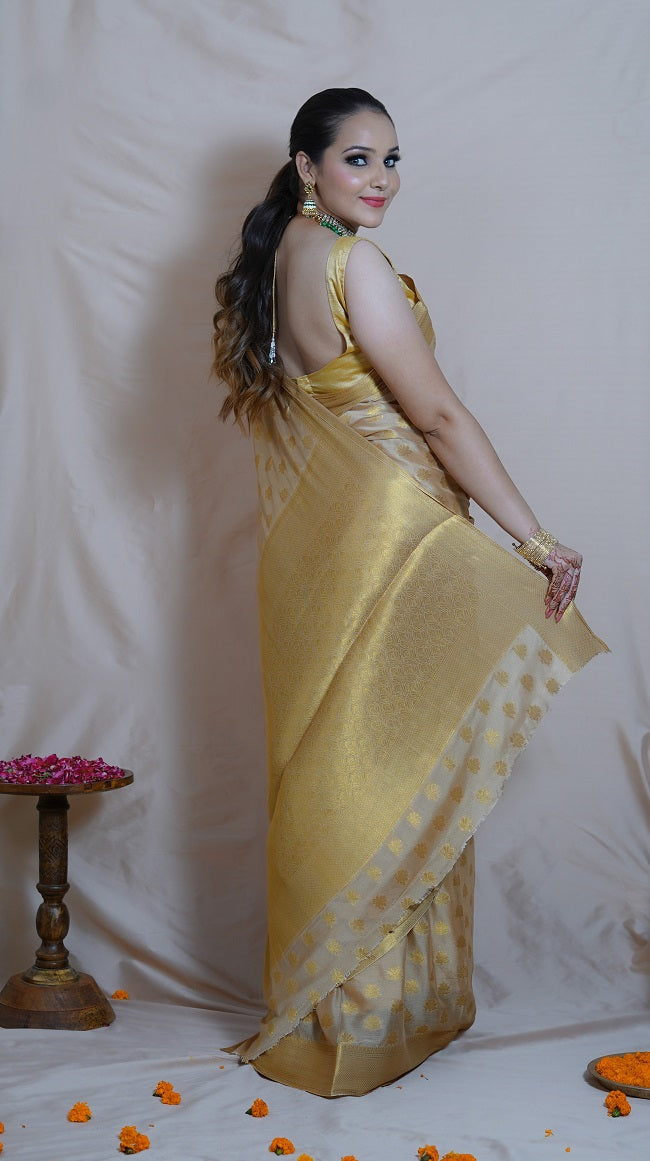 IVORY GOLD CHIFFON SILK SAREE WITH ALL OVER MOTIFS