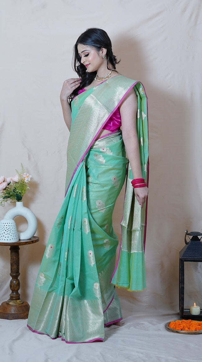 SEA GREEN SHADE SEMI SILK SAREE WITH ANTIQUE GOLD FLORAL MOTIFS