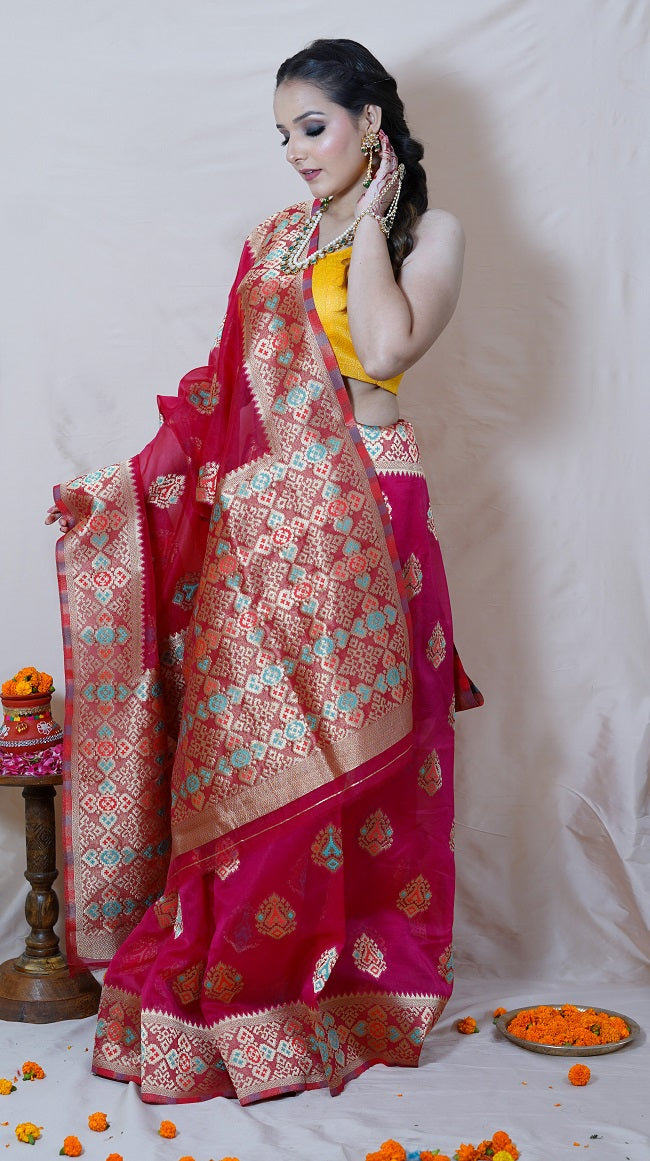 PINK SEMI SILK SAREE WITH MULTICOLORED MOTIFS AND HEAVY PALLU