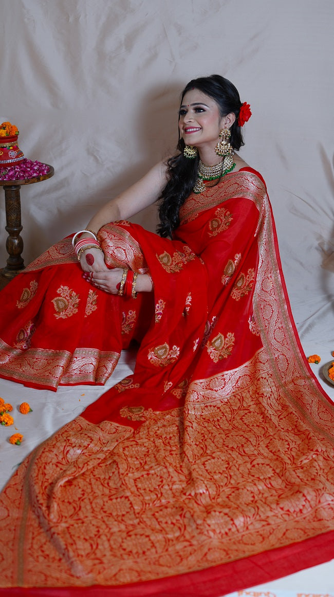 SILK GEORGETTE SAREE IN CRIMSON RED WITH BEAUTIFUL ALL OVER BUTI WORK