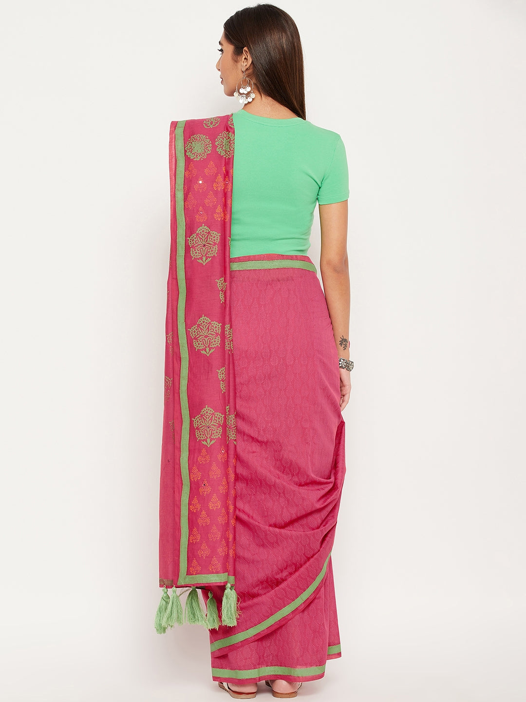 Pink hand block printed semi silk saree with mirror work