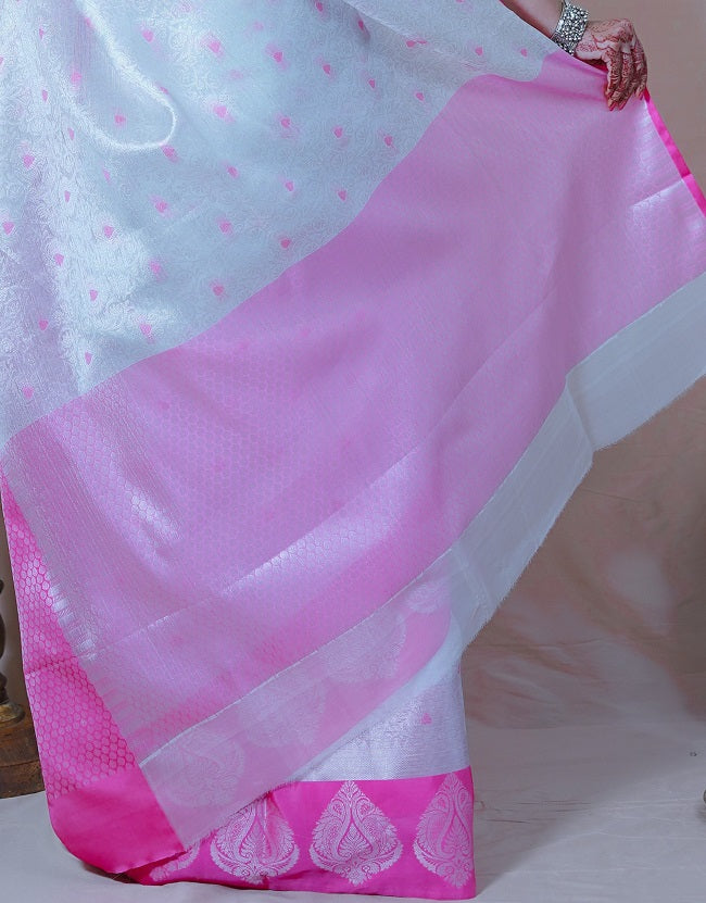 SILVER WHITE SAREE WITH CONTRAST PINK BORDER