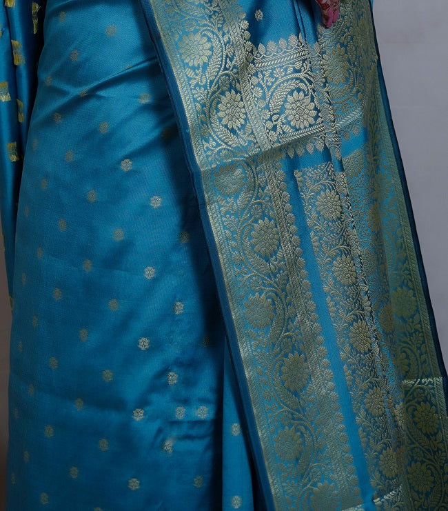 BLUE AND GOLD SAREE WITH TRADITIONAL MOTIFS AND BORDER