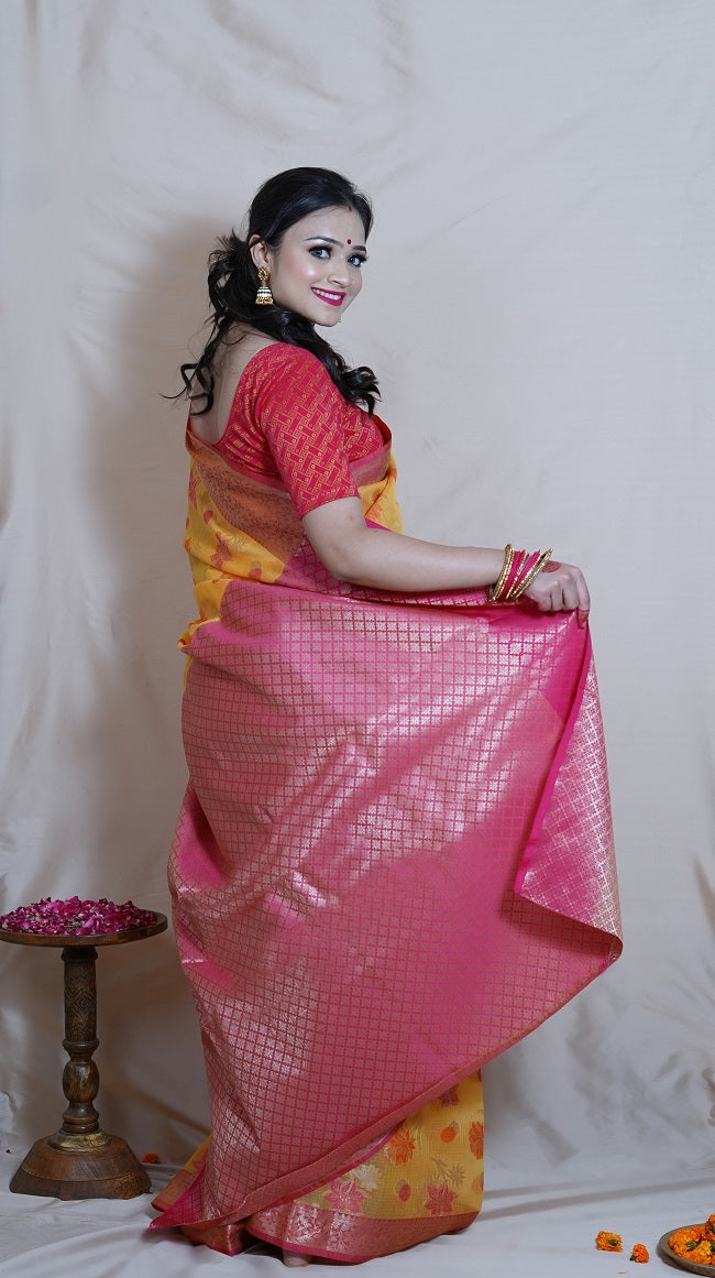 MUSTARD YELLOW KOTA SILK SAREE WITH PINK FLORAL MOTIFS