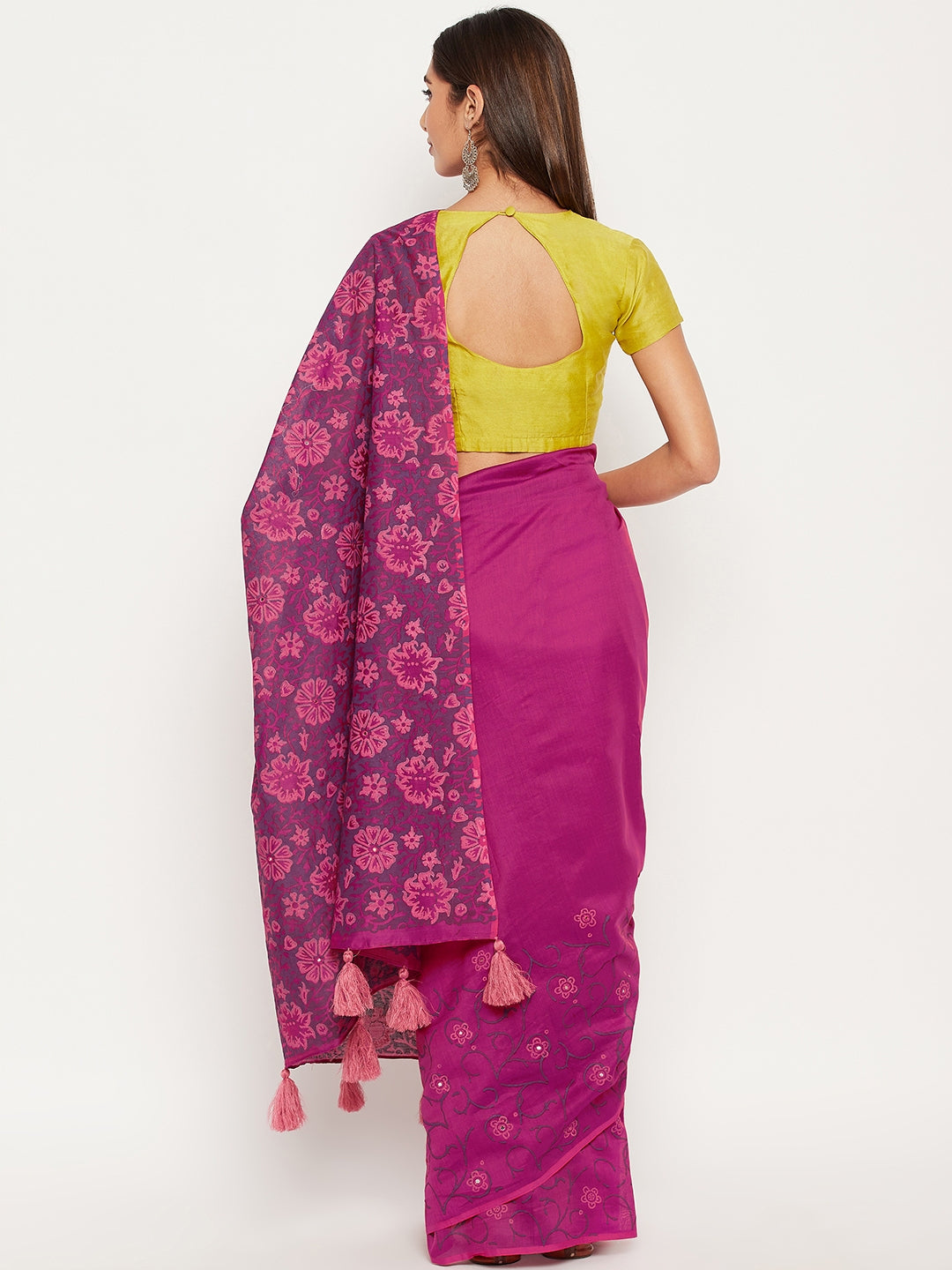 Magenta hand block printed semi silk saree with mirror work