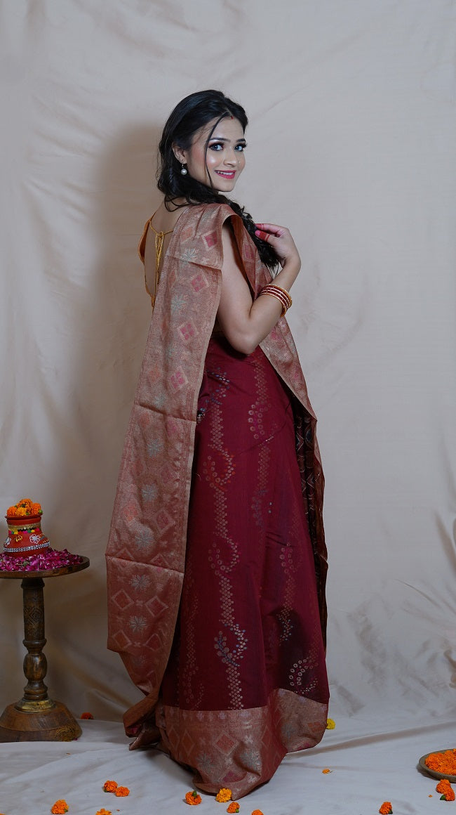 SEMI SILK SAREE IN BURGUNDY SHADE WITH MULTICOLORED BORDER