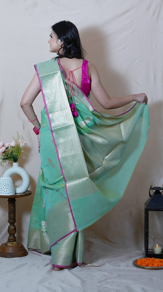 SEA GREEN SHADE SEMI SILK SAREE WITH ANTIQUE GOLD FLORAL MOTIFS