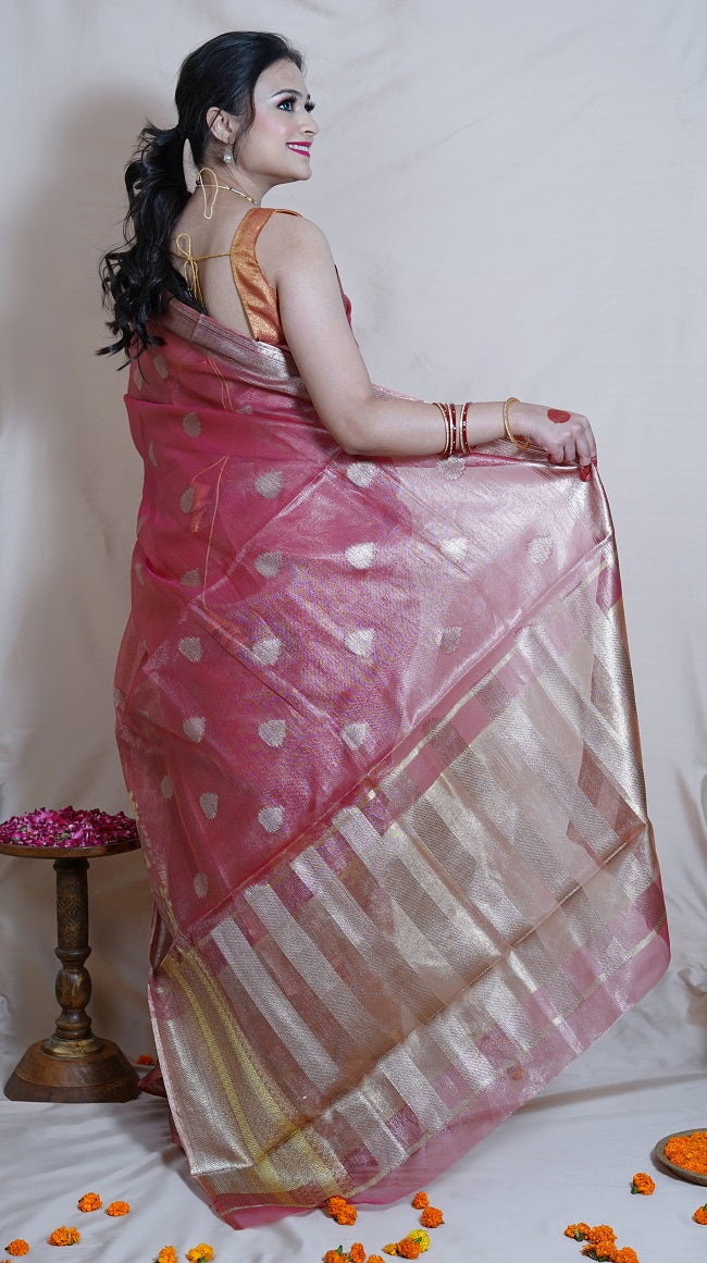 ONION PINK TISSUE SAREE WITH ALL OVER ANTIQUE GOLD ZARI MOTIFS