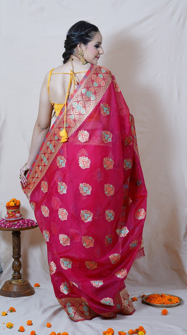 PINK SEMI SILK SAREE WITH MULTICOLORED MOTIFS AND HEAVY PALLU