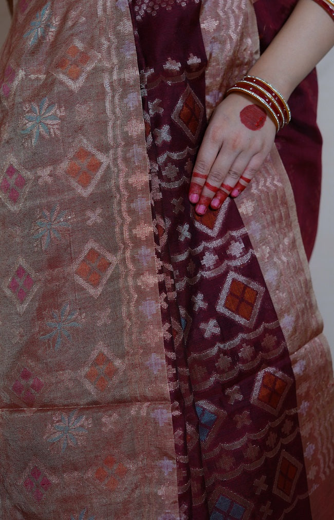 SEMI SILK SAREE IN BURGUNDY SHADE WITH MULTICOLORED BORDER