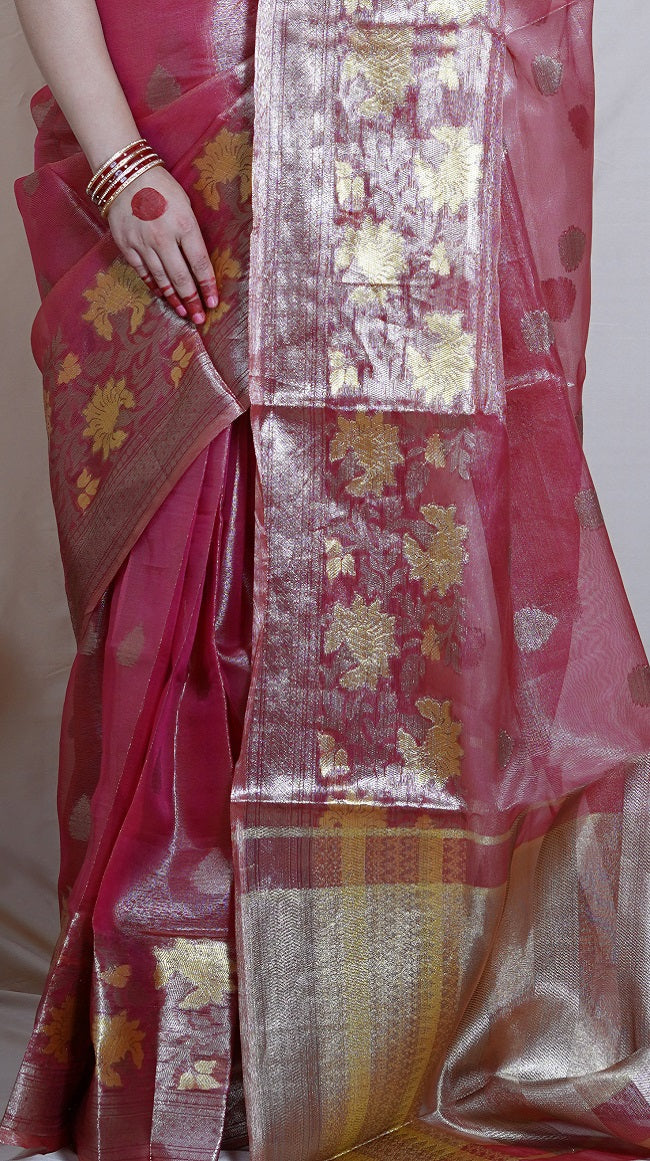 ONION PINK TISSUE SAREE WITH ALL OVER ANTIQUE GOLD ZARI MOTIFS