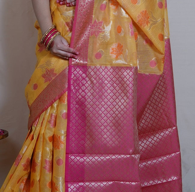 MUSTARD YELLOW KOTA SILK SAREE WITH PINK FLORAL MOTIFS