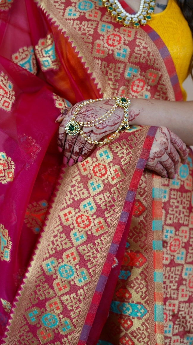 PINK SEMI SILK SAREE WITH MULTICOLORED MOTIFS AND HEAVY PALLU