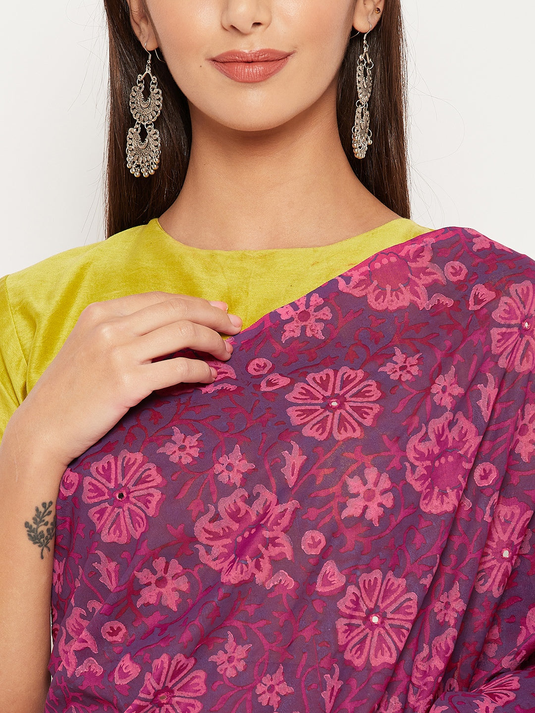 Magenta hand block printed semi silk saree with mirror work