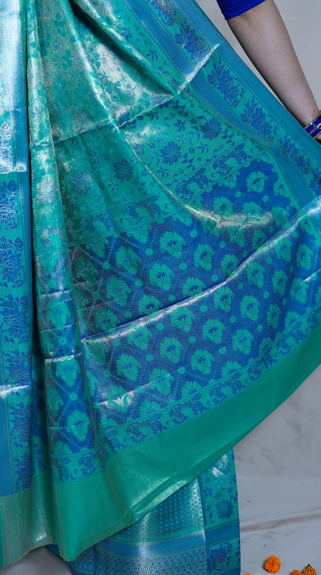 SEA GREEN AND BLUE TISSUE SILK SAREE WITH ALL OVER FLORAL DESIGN