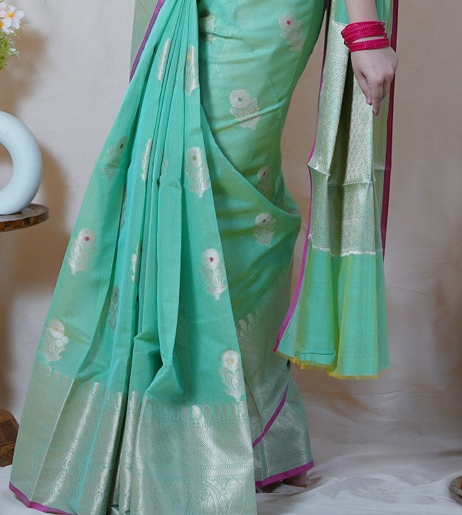 SEA GREEN SHADE SEMI SILK SAREE WITH ANTIQUE GOLD FLORAL MOTIFS