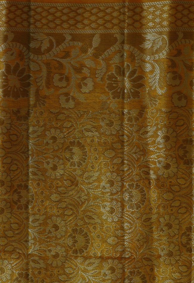 TURMERIC YELLOW TUSSAR SILK SAREE WITH BORDER DETAILING IN OFF WHITE AND BEIGE COLOR