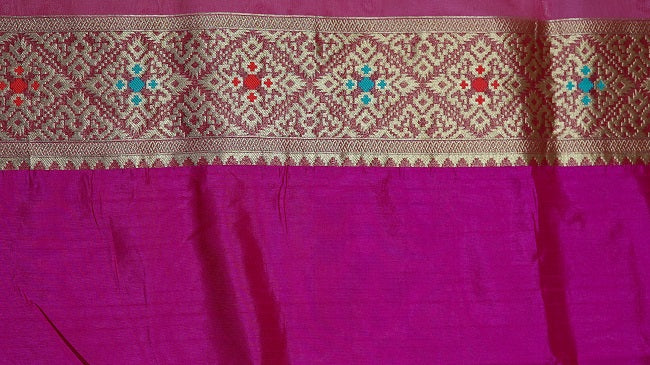 PINK SEMI SILK SAREE WITH MULTICOLORED MOTIFS AND HEAVY PALLU