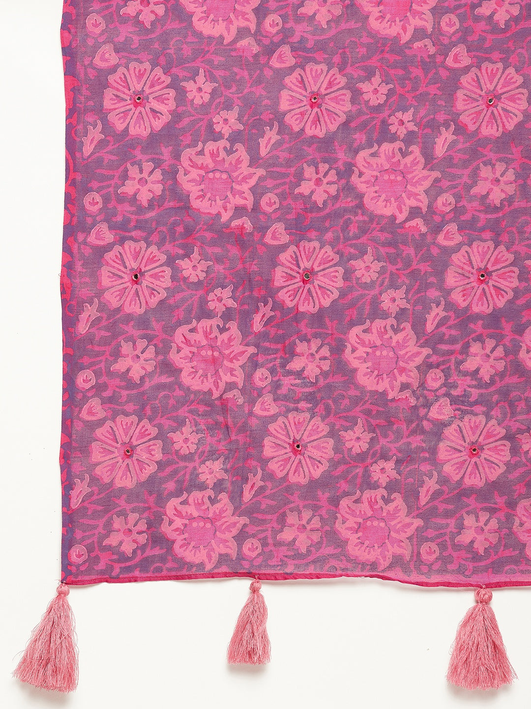 Magenta hand block printed semi silk saree with mirror work