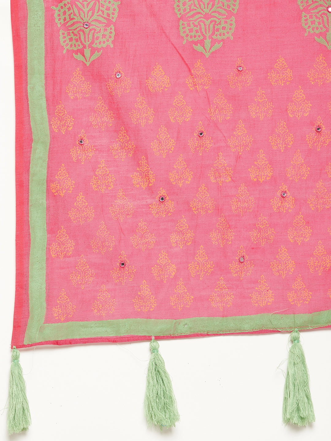 Pink hand block printed semi silk saree with mirror work