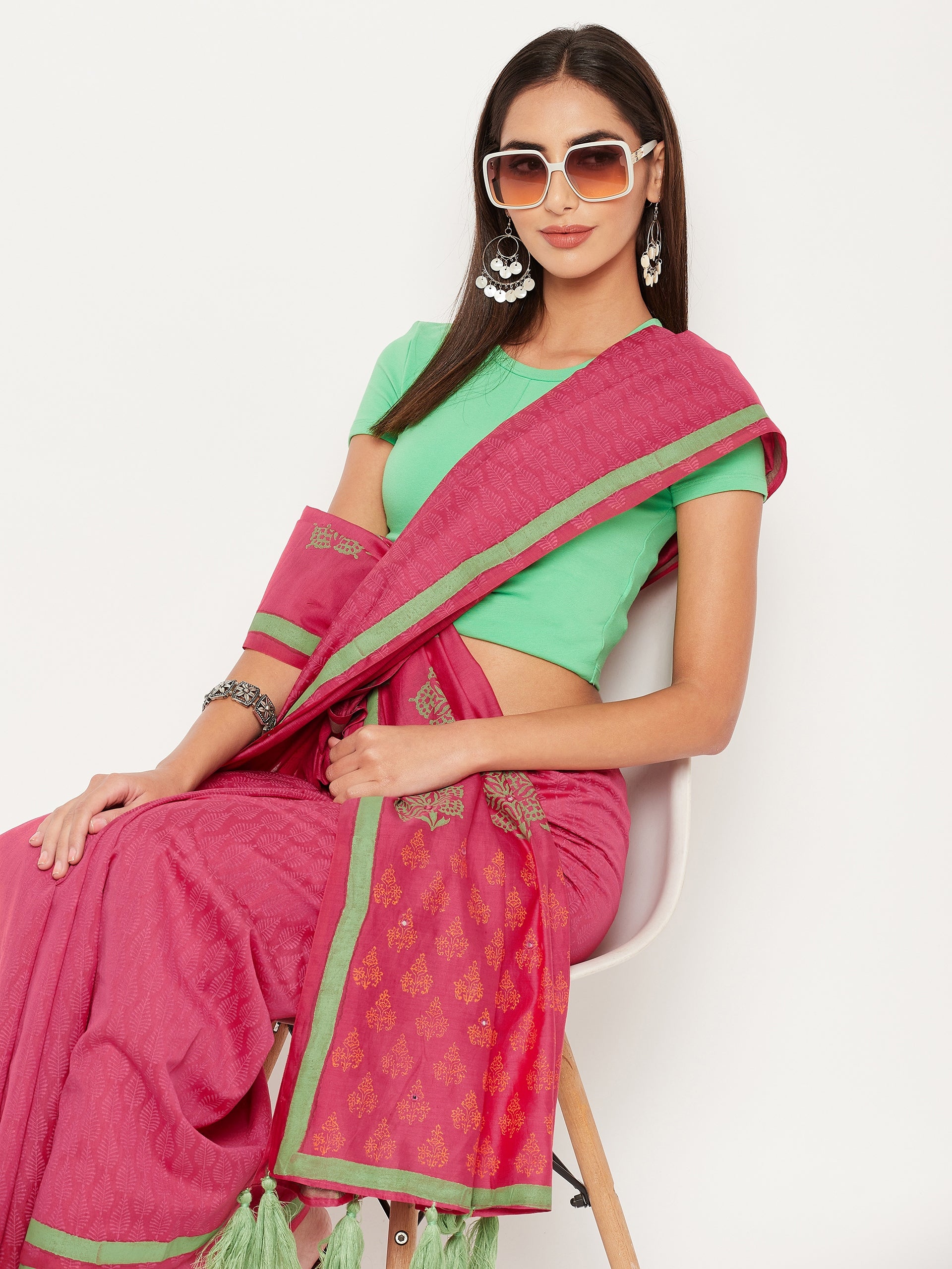 Pink hand block printed semi silk saree with mirror work